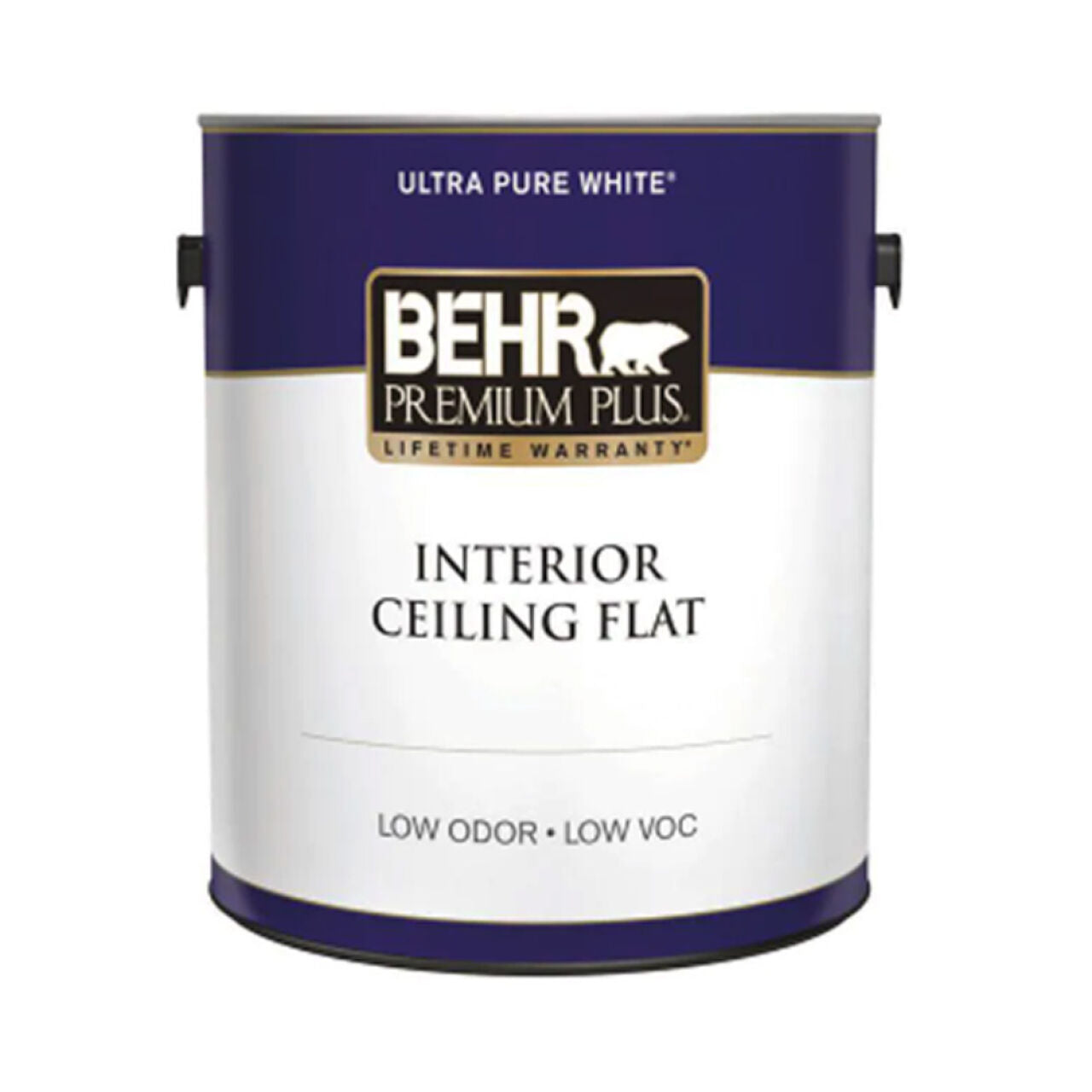 A 1-gallon can of Go Build Premium Plus Ceiling-Flat Interior Paint in Ultra Pure White, a low odor, low VOC interior paint.